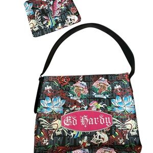 Ed Hardy Black Shoulder Bag W/Matching Pouch Multicolor Tattoo Floral Print